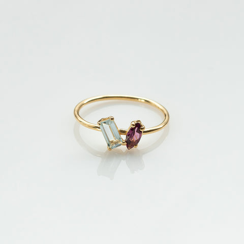 Fizzy sky topaz & rhodolite tourmaline ring 14K yellow gold