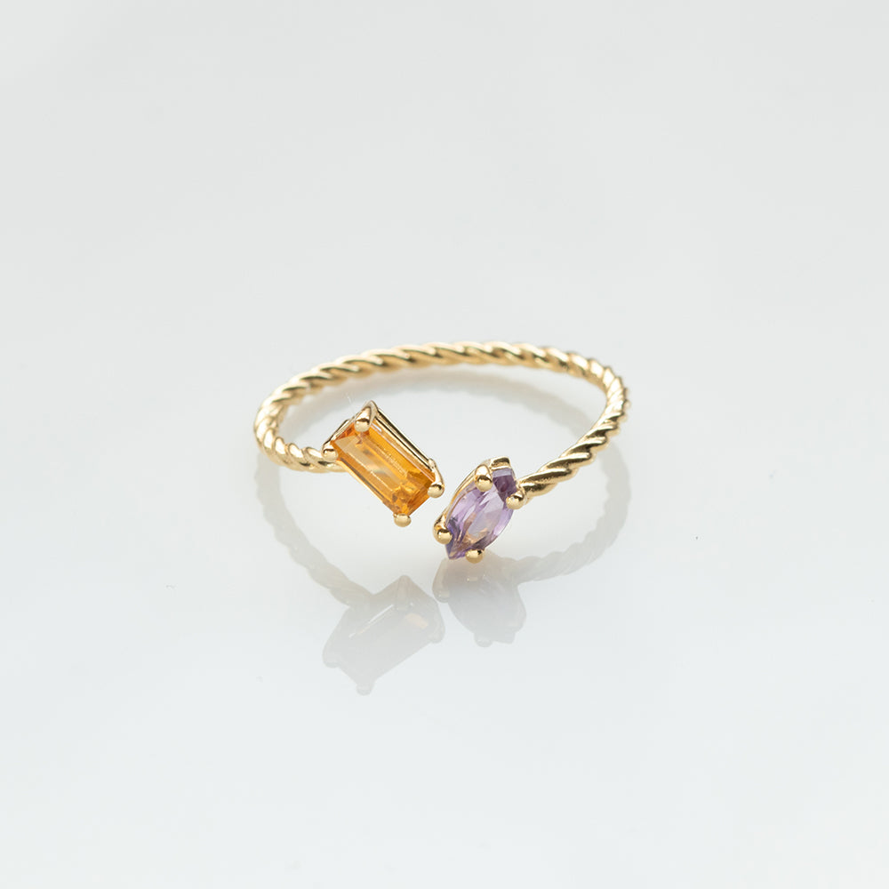 Fizzy rope citrine & amethyst ring 14K yellow gold