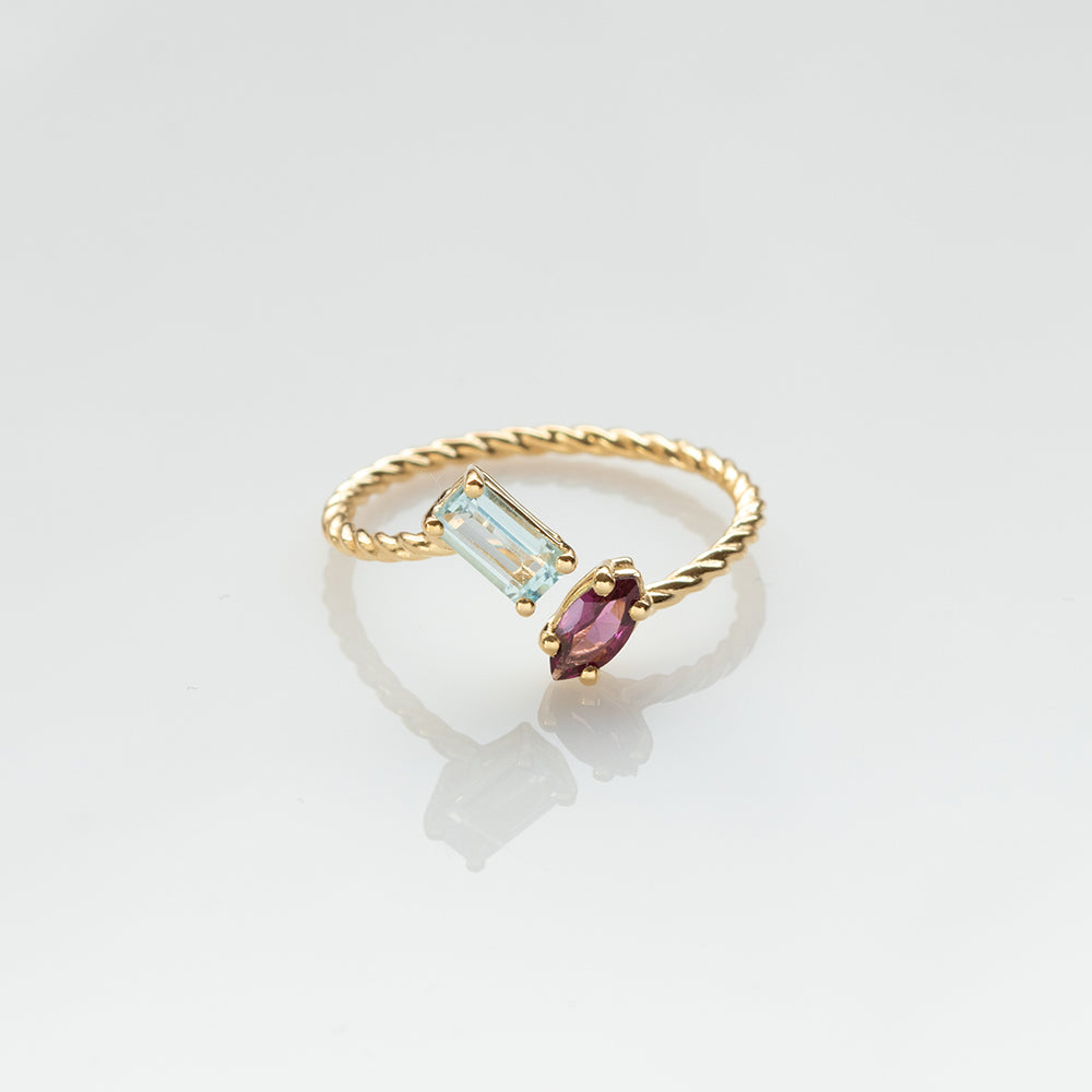 Fizzy rope sky topaz & rhodolite tourmaline ring 14K yellow gold