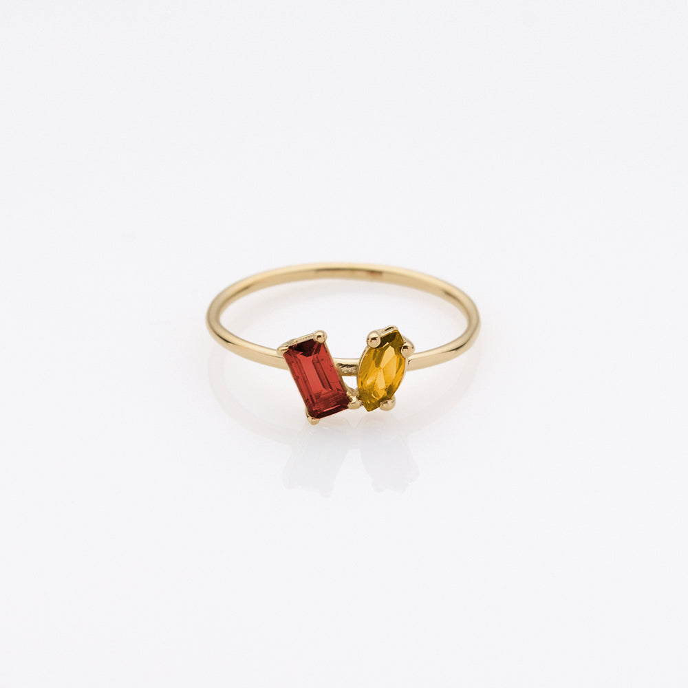 Fizzy brownish-red garnet & yellowish tourmaline ring 14K yellow gold