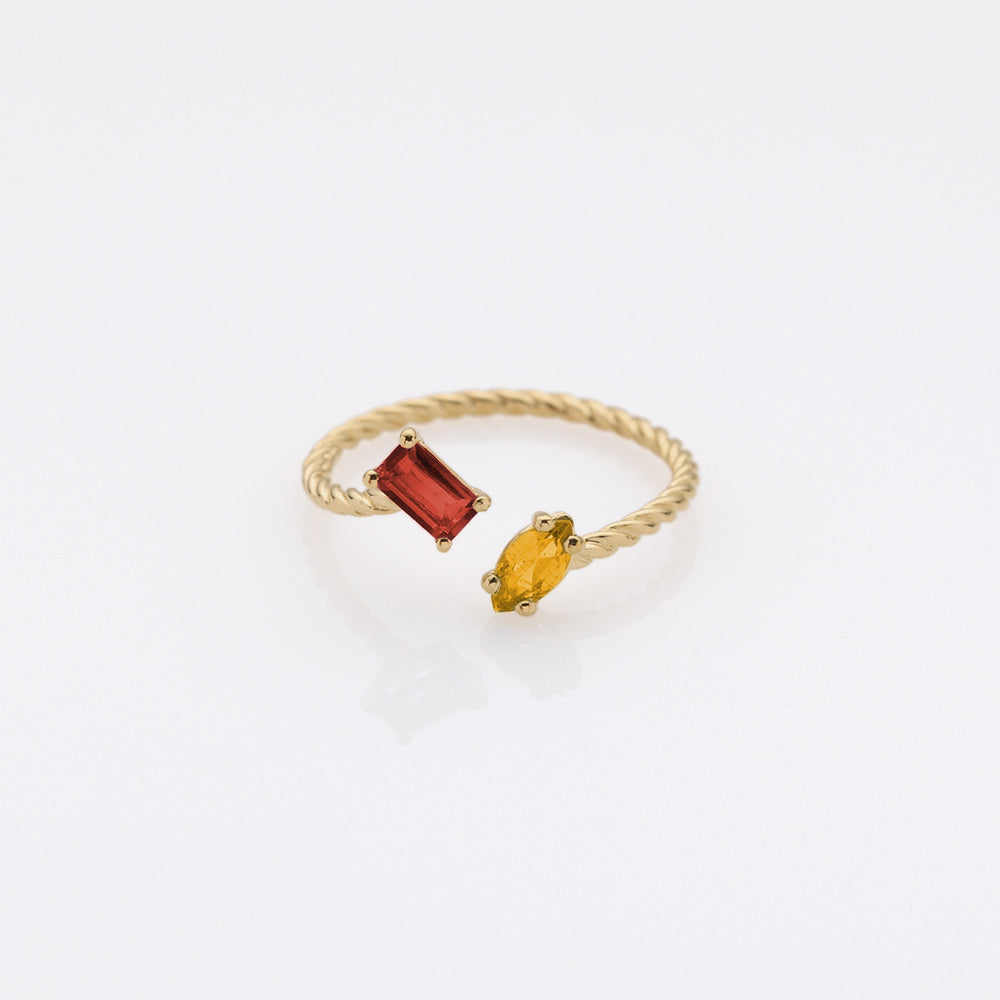 Fizzy rope brownish-red garnet & yellowish tourmaline ring 14K yellow gold