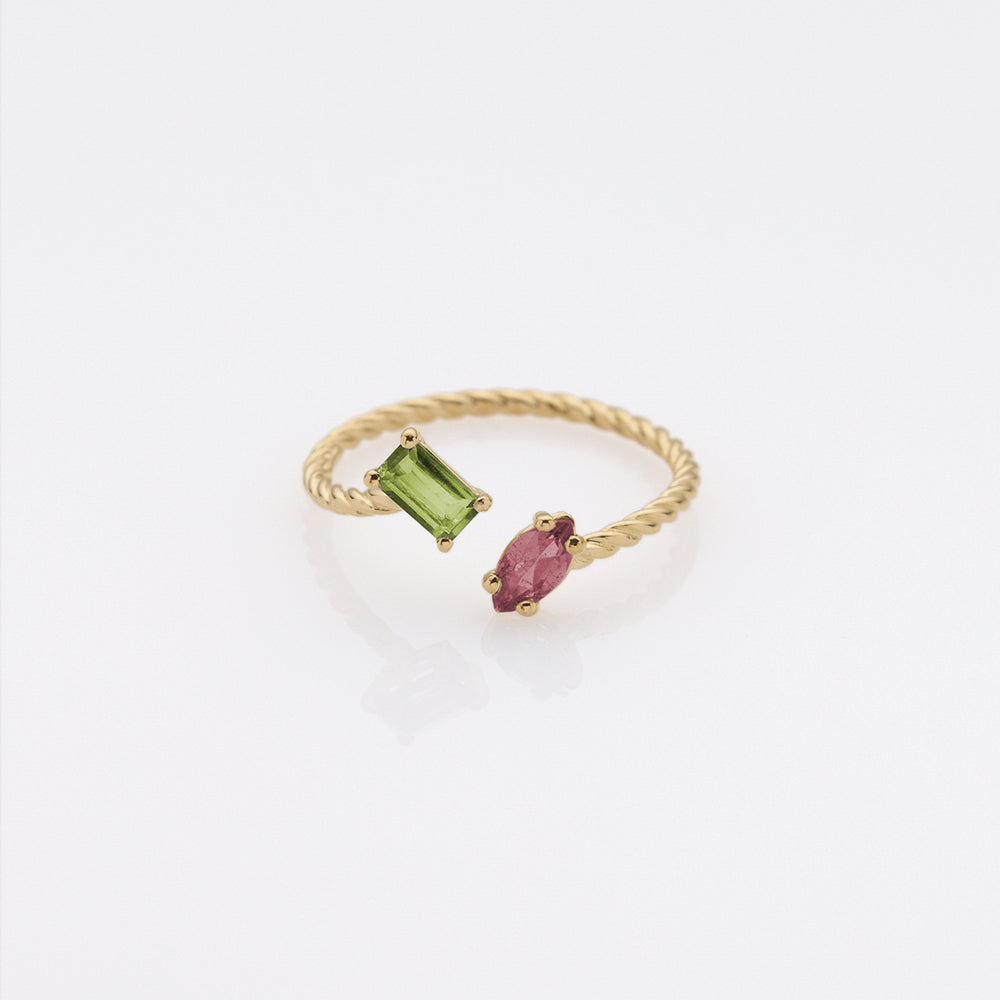 Fizzy rope greenish & pinkish tourmaline ring 14K yellow gold